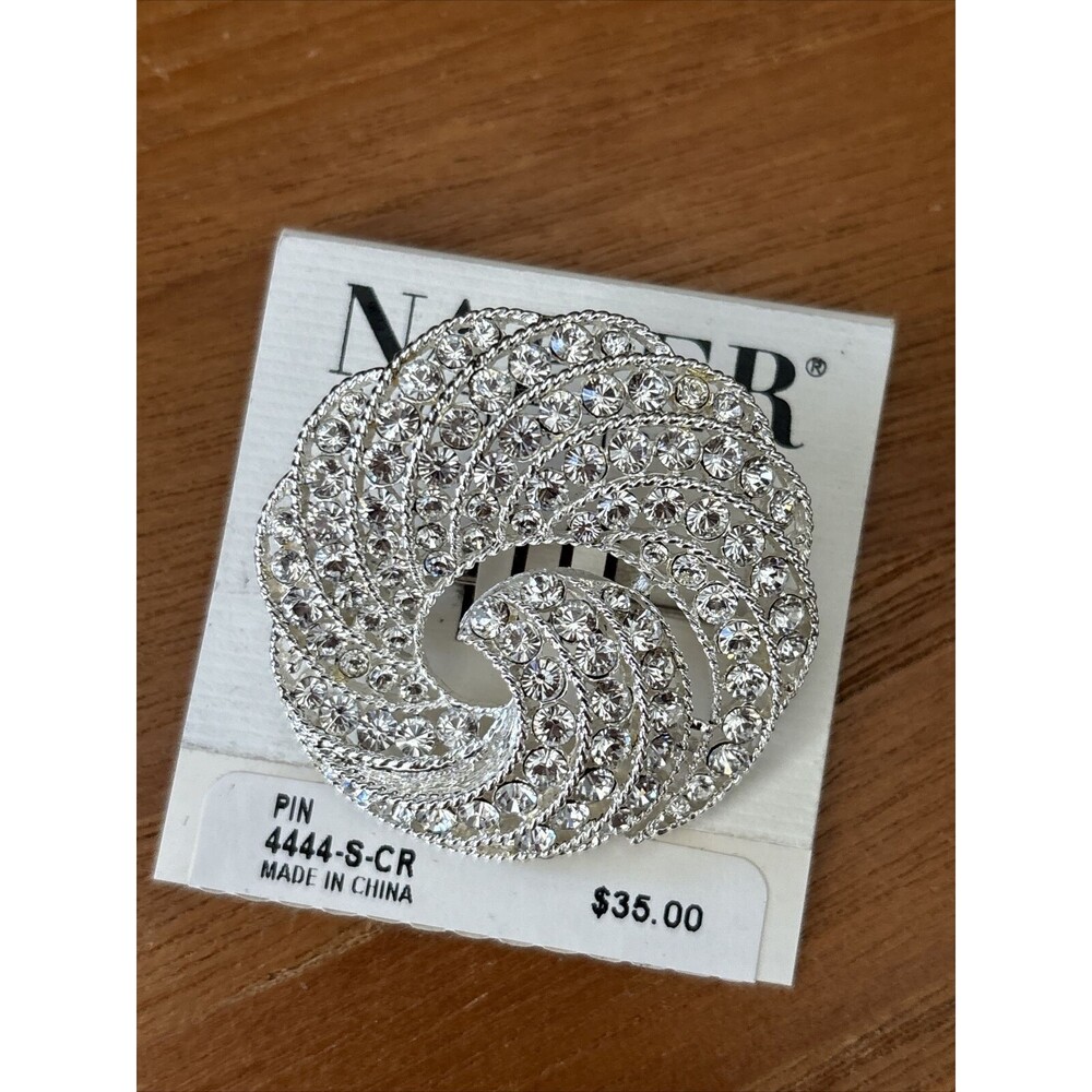 Vintage Napier Silver Tone Clear Rhinestone Swirling Brooch Pin 1990sNWT